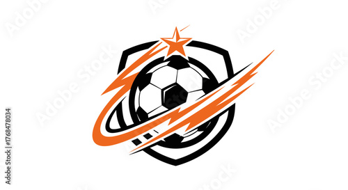 A dynamic soccer logo featuring a soccer ball with an orange star and swirling orange lines on a shield.