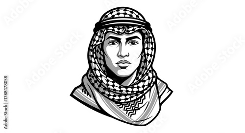 A black and white portrait of a man wearing traditional Arab headwear, looking directly at the viewer.