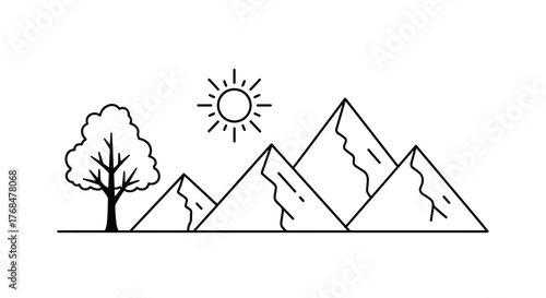 Simple line art depicts a mountain range, sun, and a tree, outdoors.