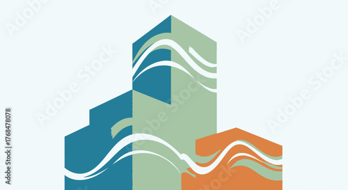 Abstract illustration of stylized buildings with flowing, wave-like graphic elements.