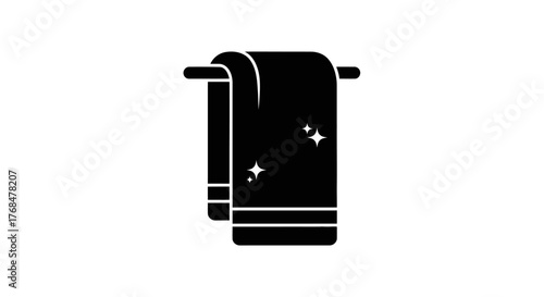 A black silhouette of a towel hanging on a towel rack, with simple design.