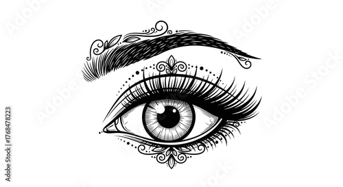 Detailed black and white illustration of an eye with ornate eyebrow and embellishments.