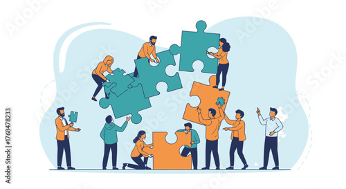 Illustrative depiction of diverse individuals collaborating to assemble large puzzle pieces.