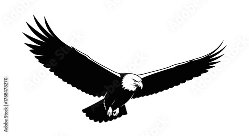 A bald eagle soars with wings spread wide, depicted in a stark black and white illustration.