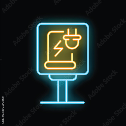 Neon sign showing electric vehicle charging station on black background