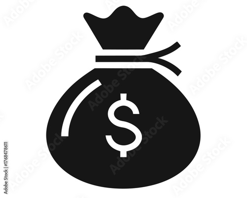 Simple black money bag icon with dollar sign