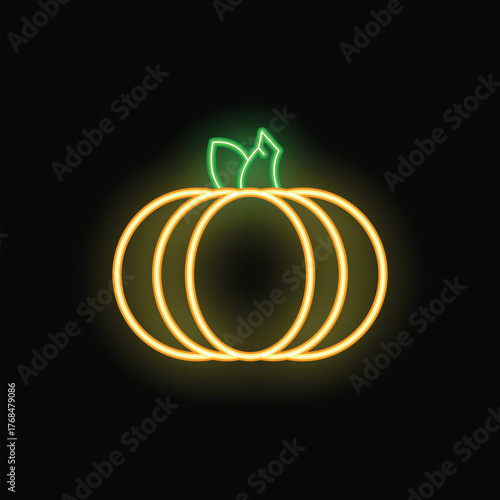 Brightly lit neon sign showing a pumpkin for halloween