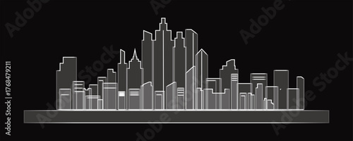 Monochrome cityscape silhouette against a black background, showcasing a modern urban skyline with various buildings
