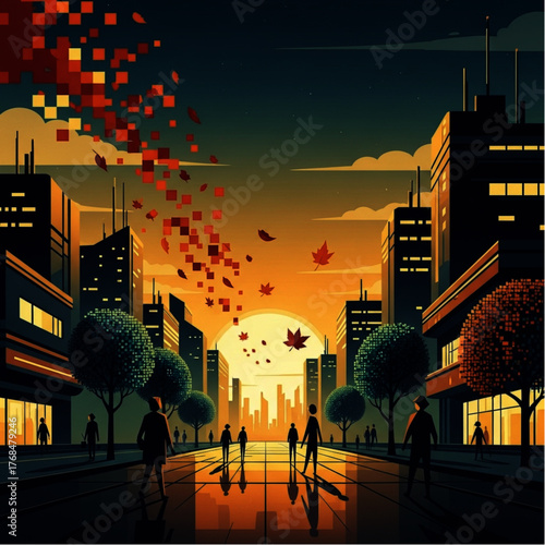 ai generative An ultra-detailed flat-style vector illustration of a futuristic autumn cityscape at dusk