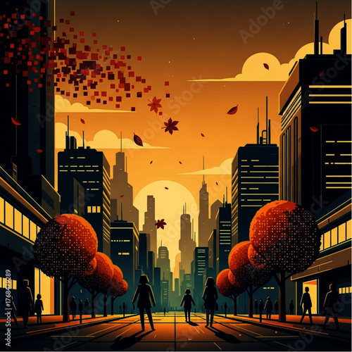 ai generative An ultra-detailed flat-style vector illustration of a futuristic autumn cityscape at dusk