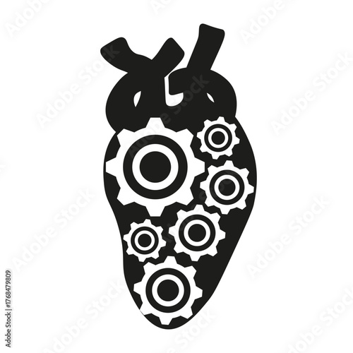 Cardiology. Vector illustration black human heart with gear wheel  inside isolated transparent background. Heart works like a clock concept. Perfect for cardiology clinic poster banner. EPS 10