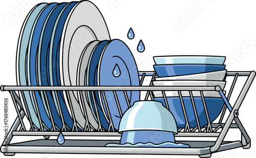 Dish Rack with Clean Dishes and Bowls Drying.