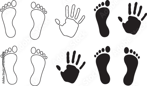 Collection of footprints and handprints in outline and silhouette styles