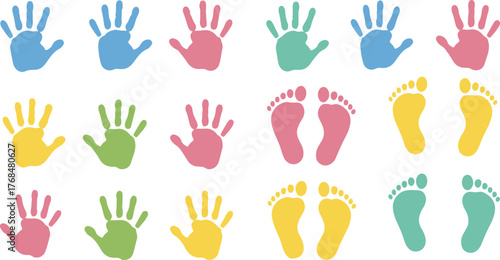 Colorful handprint and footprint design collection isolated on white background 