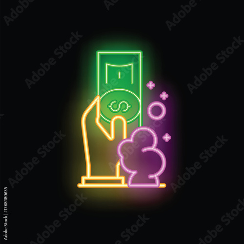 Neon style icon of a hand holding a dollar bill with virus particles spreading from it, perfect for illustrating the concept of dirty money