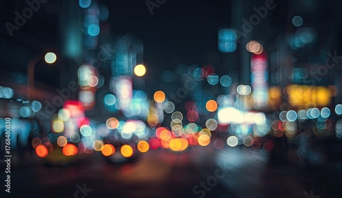Blurry city street at night with bokeh lights