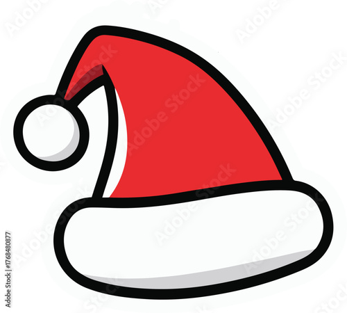 cute santa hat line art sticker, simple red accent, minimal shadow 1