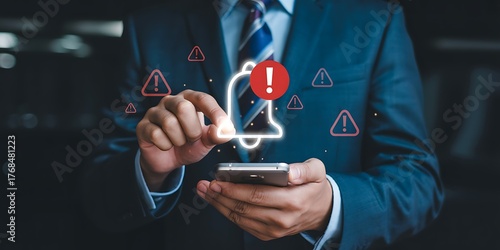 Person in suit touching smartphone displaying alert notification bell and warning icons Futuristic Technology Background Design