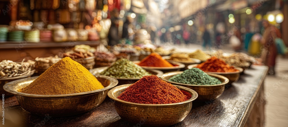 Fototapeta premium Vibrant piles of colorful spices in brass bowls at a market stall