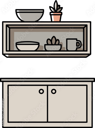 Minimalist kitchen cabinet and wall shelf with plants illustration.