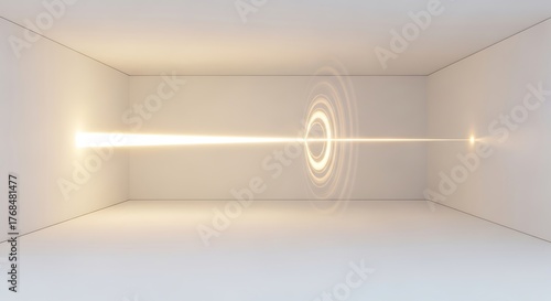 Bright light beam travels through empty white room, creating circular energy waves.