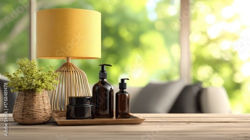 Wallpaper Mural A wooden tray displaying decorative items, including a yellow lampshade table lamp and dark glass bottles. Torontodigital.ca