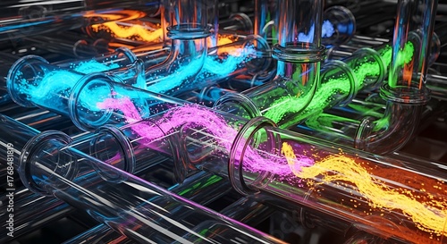 Vibrant colorful liquids flowing through a complex network of transparent pipes, symbolizing energy and flow.