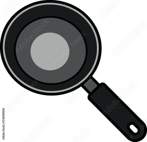 Detailed image of a black frying pan with a handle for cooking.