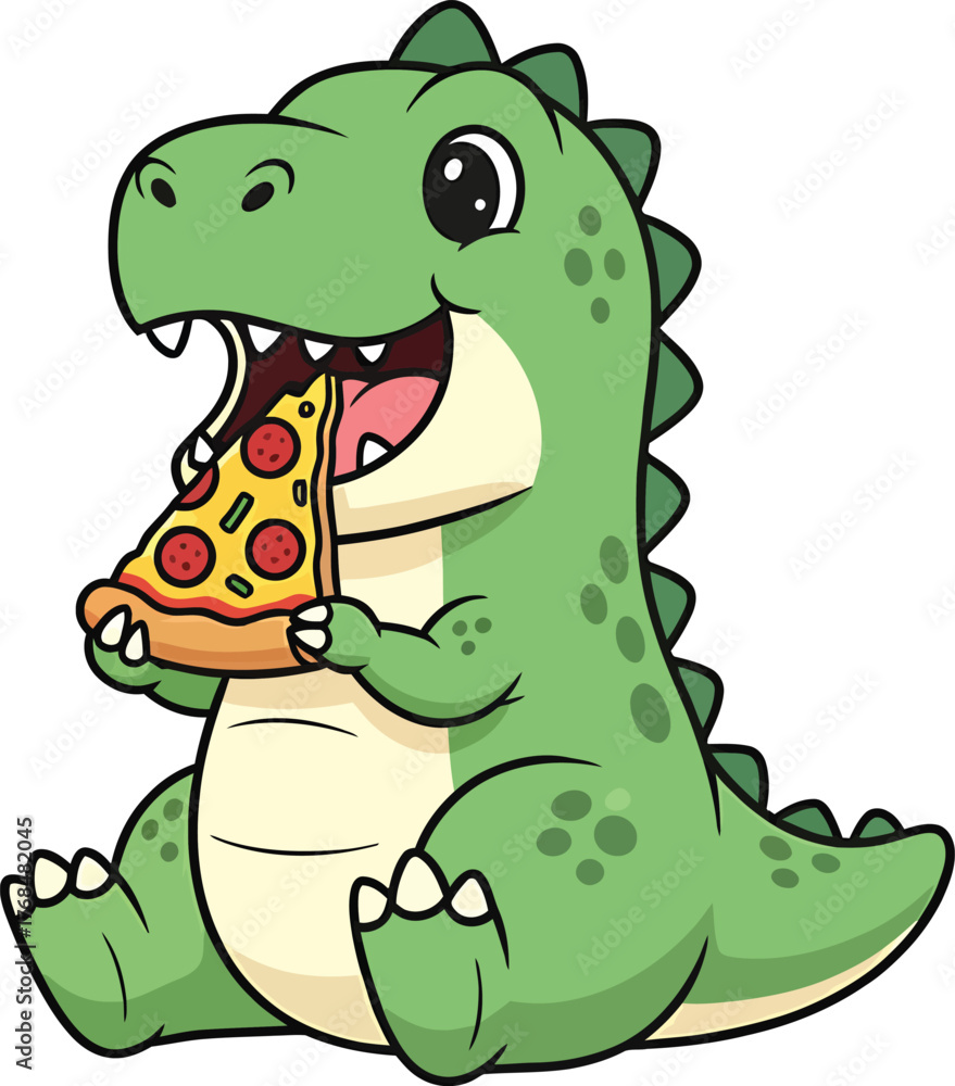 Naklejka premium Cute Dinosaur Eating Pizza Illustration | Fun Cartoon Vector Character