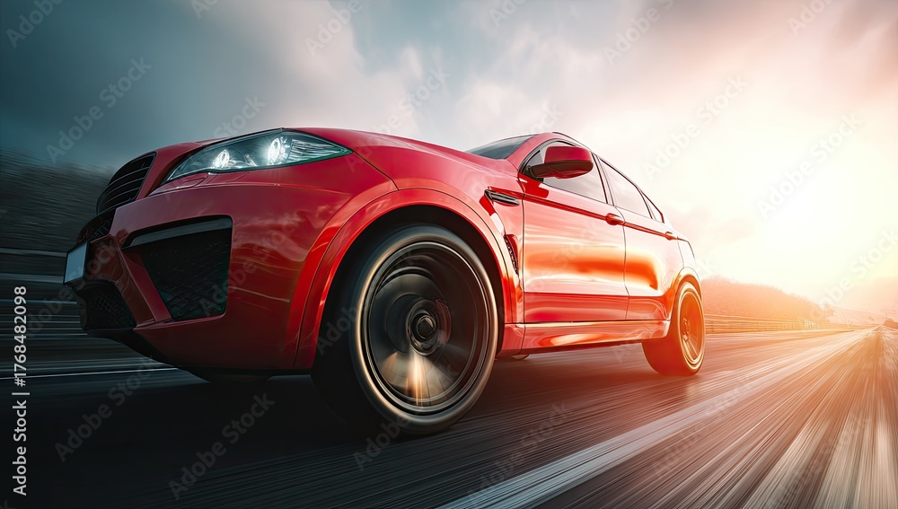 Naklejka premium Sleek red sports utility vehicle speeds along a scenic highway at sunset