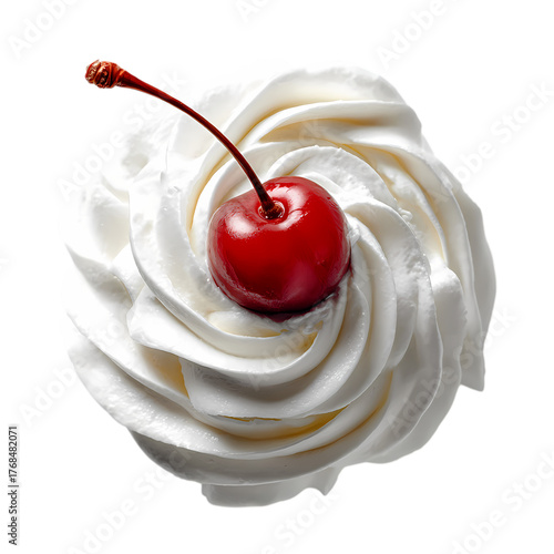 Cherry on top of whipped cream isolated on transparent background