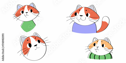 Ginger Tabby Cat set. Active healthy kitten with orange, red, and yellow-colored fur, cute funny pet. Vector flat style cartoon illustration isolated on white background, different views and poses.ico