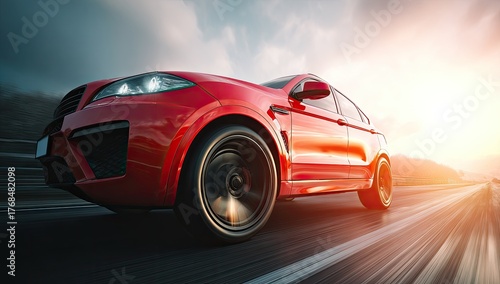 Sleek red sports utility vehicle speeds along a scenic highway at sunset