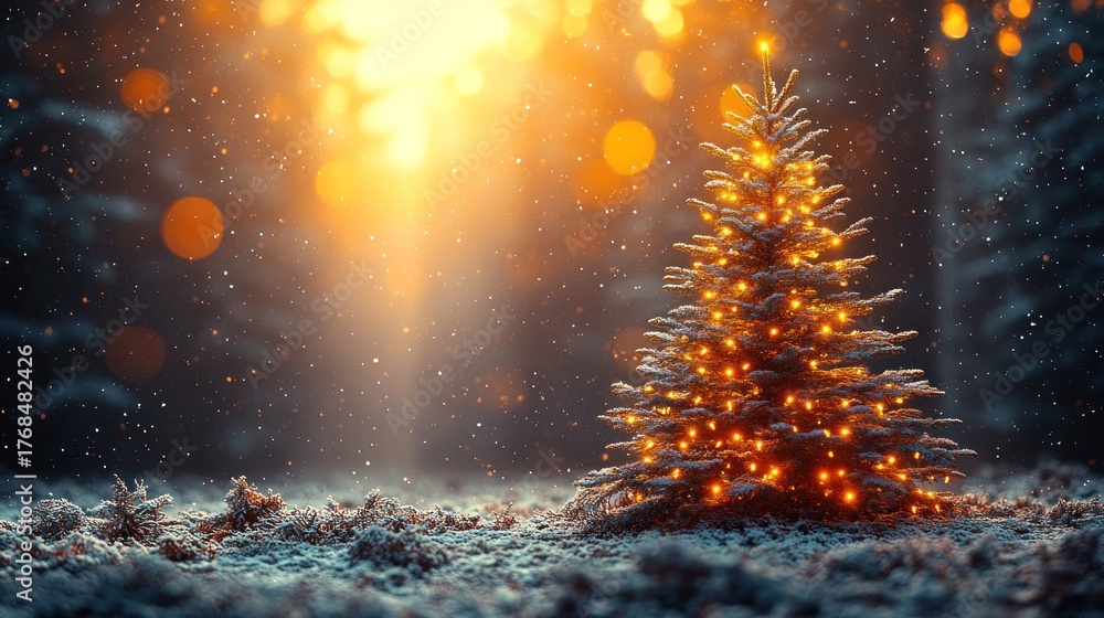Naklejka premium A beautifully lit tree stands in a snowy forest as snowflakes gently fall