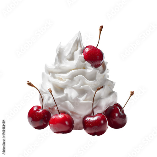 Cherry on top of whipped cream isolated on transparent background