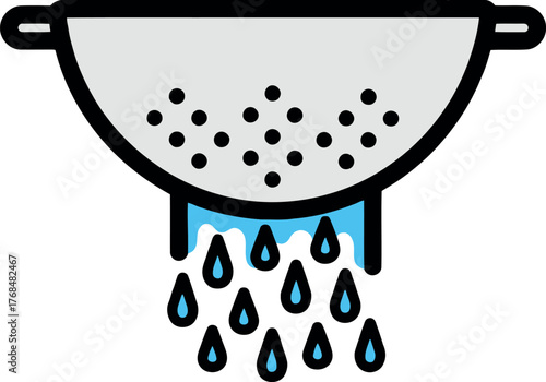 Colander with water pouring out kitchen utensil for straining food items.