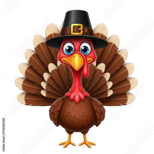 Thanksgiving Cartoon Turkey Character in Pilgrim Hat. Farm Bird with Feathers and Celebration Costume for Autumn Seasonal Design