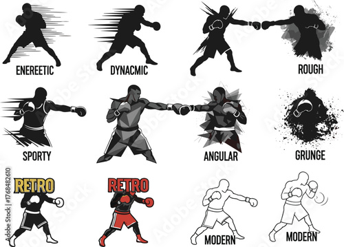 Boxer illustration grid in twelve artistic styles and poses, dynamic combat vector design, sports and visual identity concept