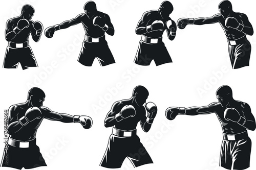 Boxer illustration set in dynamic fighting stances and punching positions, black-and-white vector design, sports technique and motion concept