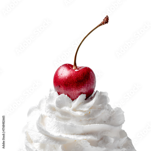 Cherry on top of whipped cream isolated on transparent background