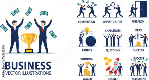 Business concept icon set, cartoon vector illustrations of success, competition, launch, agreement, profit, teamwork, ideas, wage, research, challenge