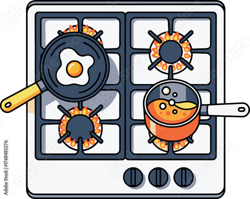 Top down view of a gas stove cooking a fried egg and boiling liquid.