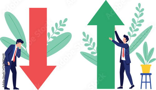 Business icon set, decline and growth scenes with red down arrow, green up arrow, suit figures, emotion, finance, vector design
