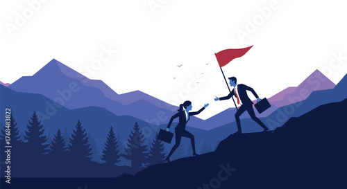 Business teamwork on mountain slope, leadership and support concept, goal achievement metaphor, scenic landscape, vector design, forest and mountain background