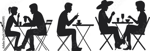 Cafe silhouette, social interaction, dining couple, table conversation, beverage moment, vector illustration, black graphic, relaxed atmosphere, public seating,