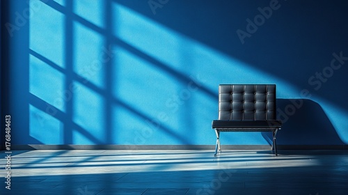 A solitary black chair sits in a brightly lit room, casting long shadows on the blue wall