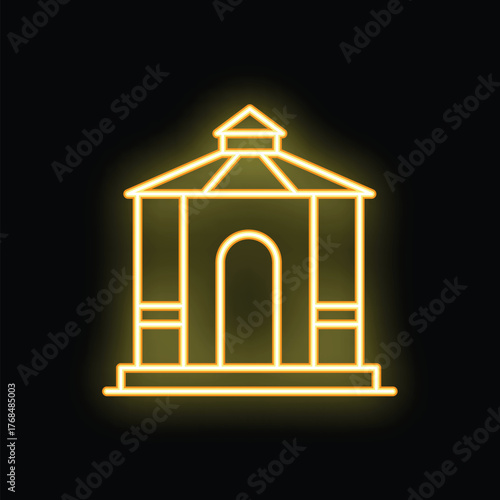 Yellow neon sign depicting a gazebo glowing on a black background