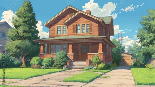 Wallpaper Mural Anime illustrated exterior of a modest 2-story brown wooden house with brown shutters Torontodigital.ca