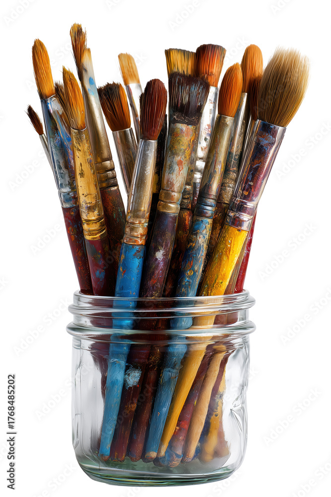 Fototapeta premium Colorful paintbrushes in glass jar cut out