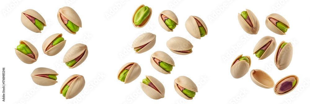 Obraz premium pistachio nuts set PNG. Pistachios falling down isolated. Green pistachio seeds top view flat lay suspended in air isolated. Organic and healthy pistachio PNG